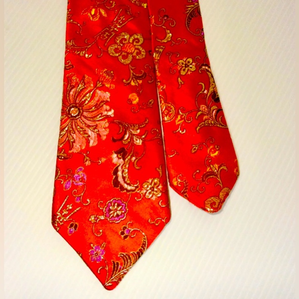 Christmas Silk Tie 100% Silk Classic Red Gold Embroidery Handmade USA Gift - Picture 2 of 6